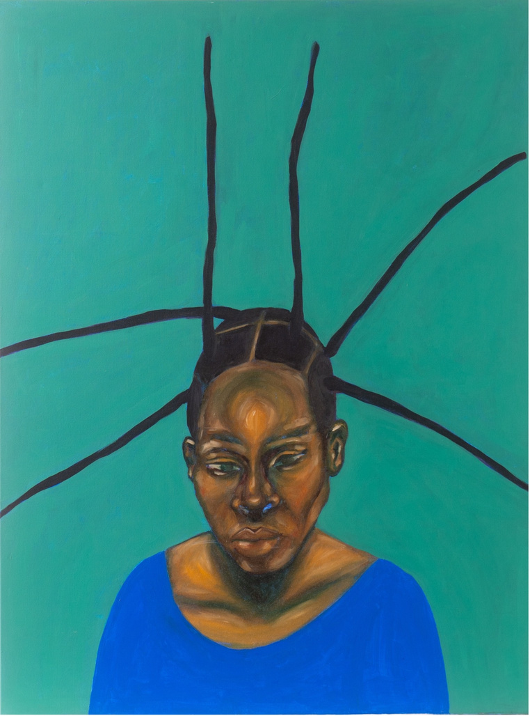 Congo 1972: portrait of a woman against a teal ground, braids drawn outward in straight lines