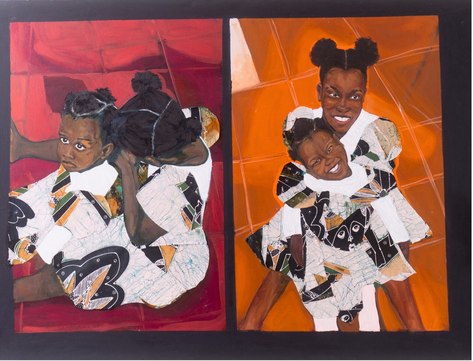 Mutu Wangu: diptych of two girls in printed dresses on red and orange grounds