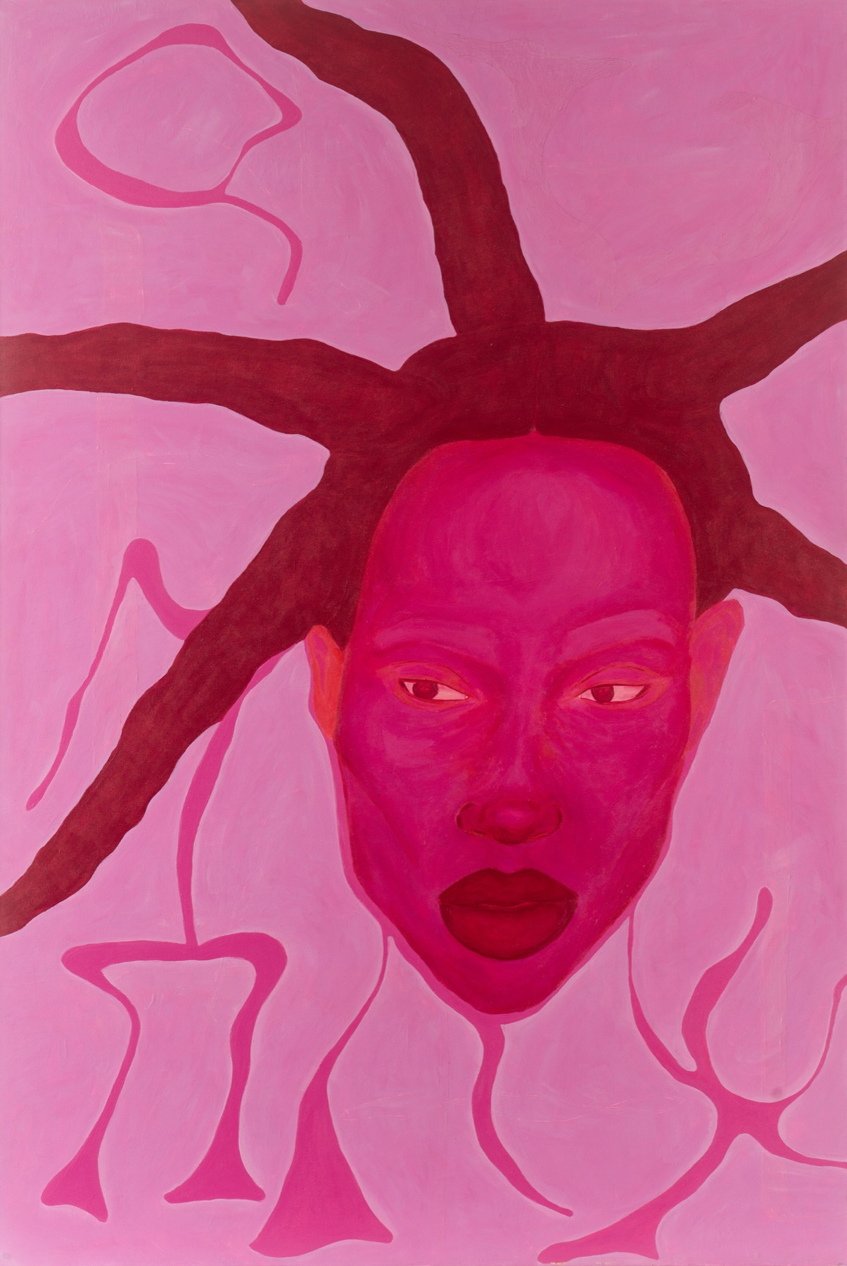 Something Borrowed: monochrome pink painting of a woman's face, her dark braids radiating across the canvas